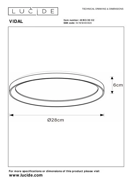 Lucide VIDAL - Plafonnier - Ø 28 cm - LED Dim. - 1x20W 2700K - Or Mat / Laiton - technique